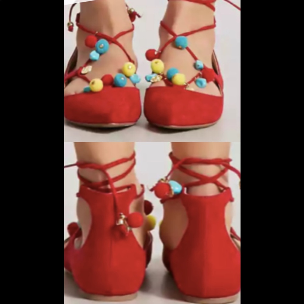 Red Faux Suede Lace-up flats with Pom Poms - Picture 3 of 7